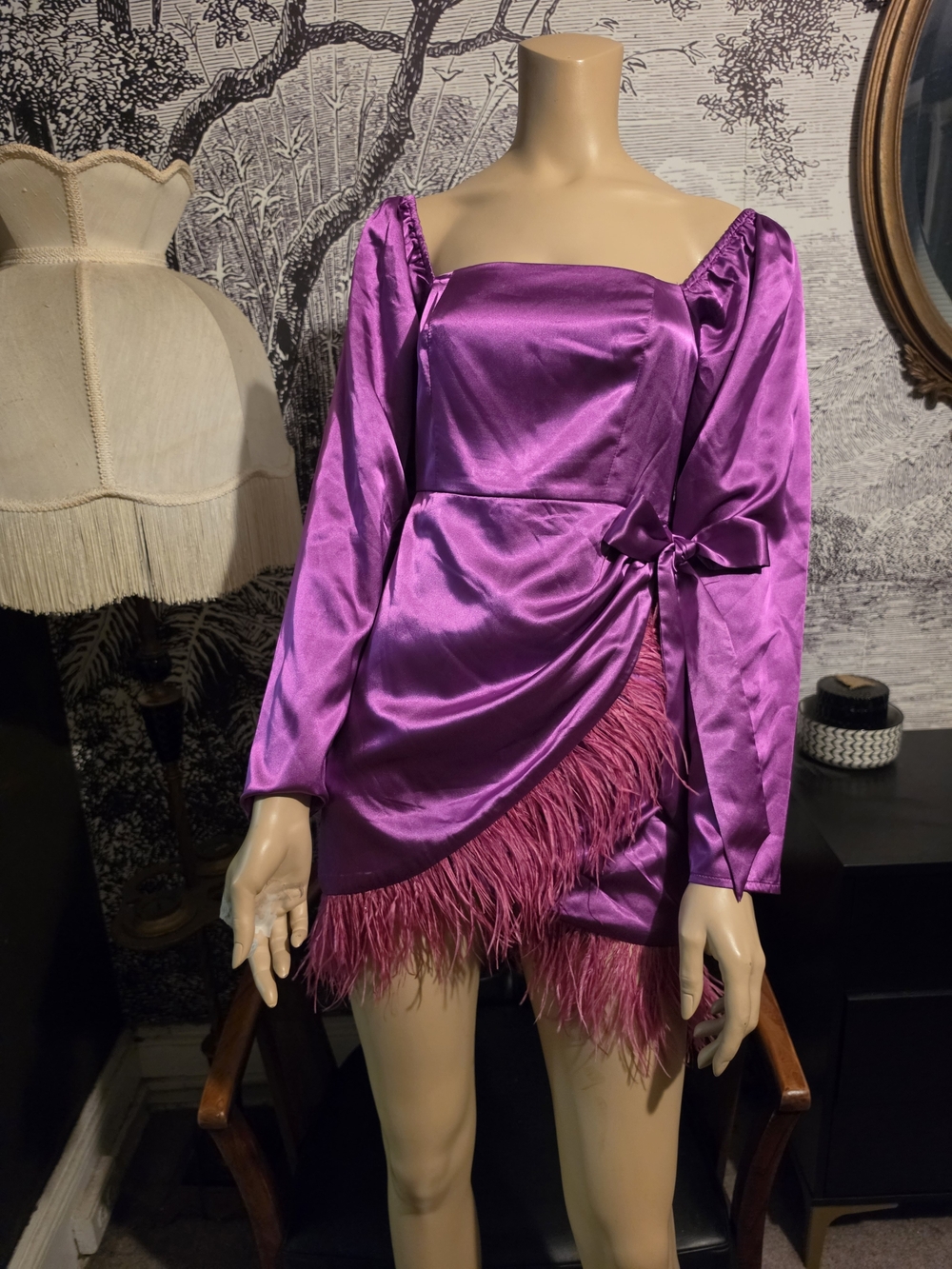 Purple Satin Feather-Trim Mini Dress